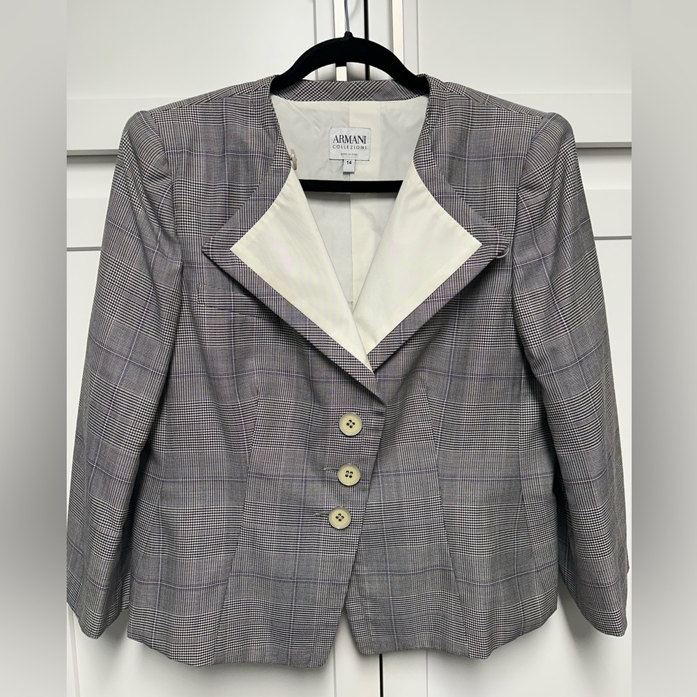 Armani Collezioni Gray Suit - Blazer with Notched Lapels & Pleated Skirt, Sz 14